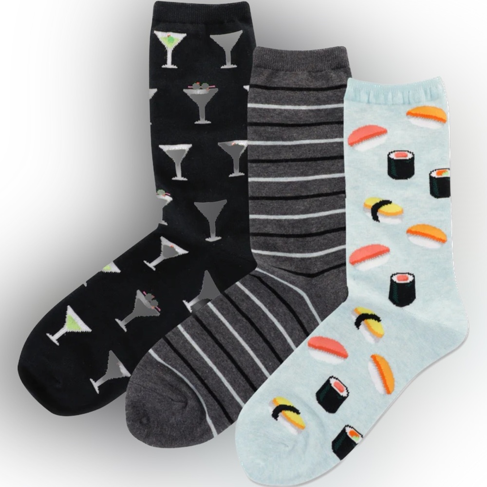 HOTSOX 3 pairs funny sushi & martini socks-NWT-1 pair basic stripes